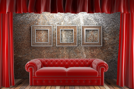 带框架和沙发的红色织物窗帘