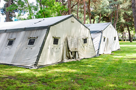 紧急情况部的大帐篷，布置在森林种植园的草坪上
