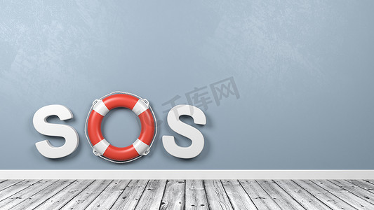 SOS 文本救生圈在木地板上靠墙 3d 插图