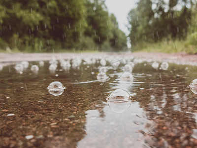 雨中路上的水坑里冒着泡泡。