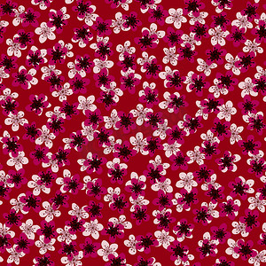 无缝图案与盛开的日本樱花，用于织物、包装、壁纸、纺织品装饰、设计、邀请函、印刷品、礼品包装、制造。红色背景上的鲑鱼和紫红色花。