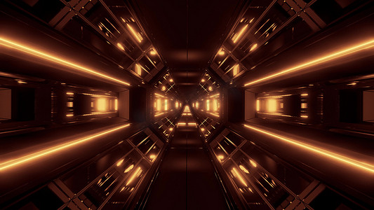 黑暗空间科幻隧道飞艇走廊飞过 vj 循环 3d 插图与金色光芒