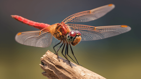 红色蜻蜓摄影照片_红色和黄色的蜻蜓栖息在棕色的棍子上，在白天进行特写拍摄