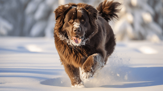 一只棕色的狗在雪地里玩耍
