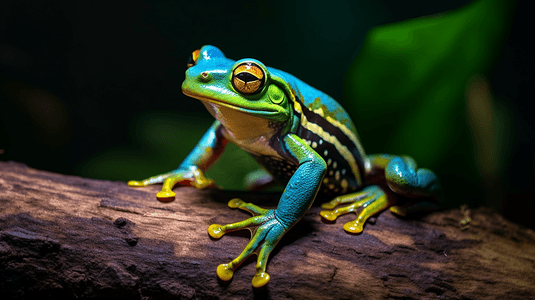 一只蓝绿相间的青蛙坐在树顶上