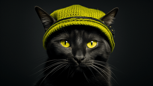 一只戴着绿黄相间帽子的黑猫