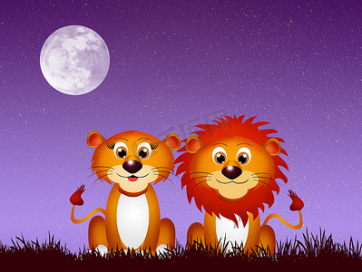 狮子卡通狮子摄影照片_月光下的狮子