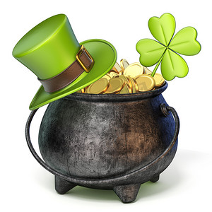 金币现金摄影照片_装满金币的铁锅、绿色圣帕特里克节帽子和 c