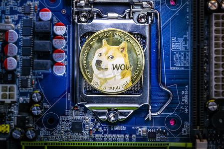Dogecoin cryptocurrency 物理硬币的顶部视图
