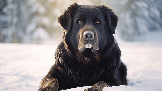 一只黑狗正坐在雪地里