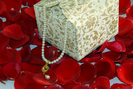可爱礼物盒子摄影照片_玫瑰花瓣上的情人节礼物珍珠