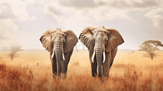 两头大象靠得很近。