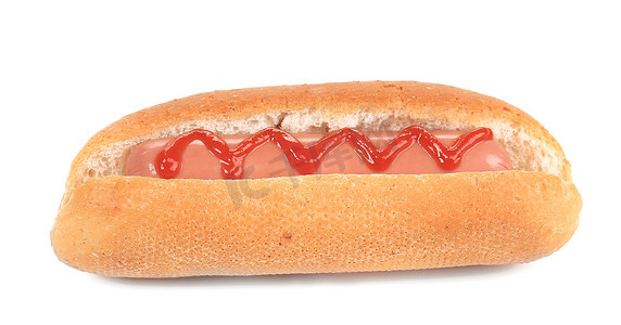 烤热狗摄影照片_关闭与番茄酱的烤热狗。