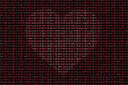 红色二进制计算机代码背景，带有爱心符号
