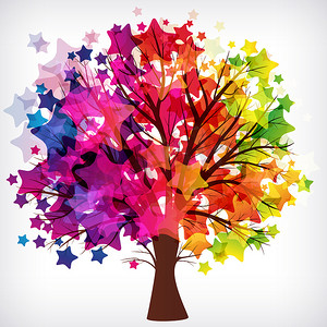 抽象背景，树枝由五颜六色的星星组成。