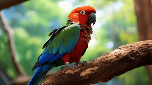 ppt蓝绿色摄影照片_棕色树枝上的红蓝绿鹦鹉