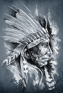 纹身艺术素描，美国原住民印第安人头，酋长，肮脏