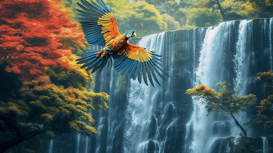 鸟儿飞翔动图摄影照片_飞翔在瀑布前的一只鸟