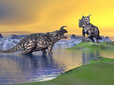 日落时的 Einiosaurus 恐龙 - 3D 渲染