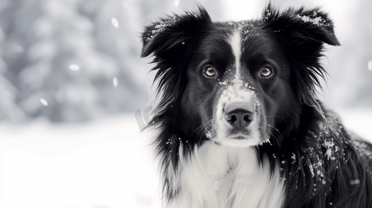 一只黑白相间的狗坐在雪地里