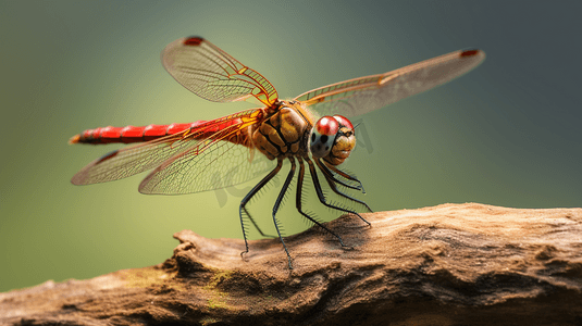 红色和黄色的蜻蜓栖息在棕色的棍子上，在白天进行特写拍摄