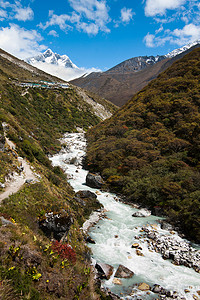 喜玛拉雅摄影照片_喜马拉雅景观：山峰、河流和高原村庄
