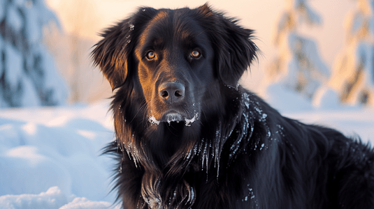 坐在雪地里摄影照片_一只黑狗正坐在雪地里