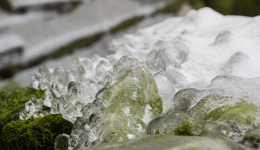 泡泡染对比图摄影照片_小溪和石岸的冰柱