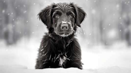 坐在雪地里摄影照片_一只黑白相间的狗坐在雪地里