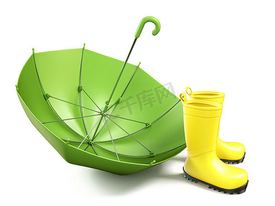 一双黄色雨靴和一把绿色雨伞 3D
