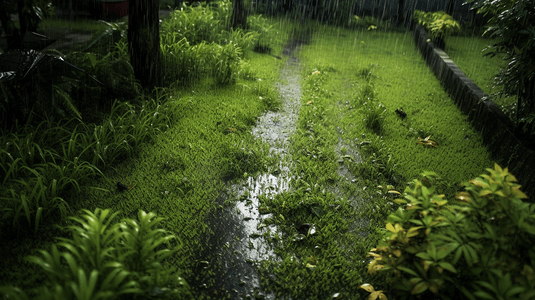 绿色国潮符号摄影照片_雨后草坪
