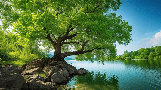 白天湖边的绿树