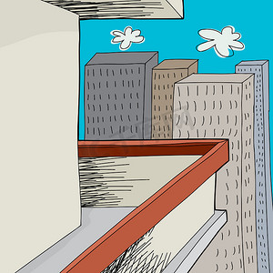 城市建筑卡通背景摄影照片_城市阳台上的墙