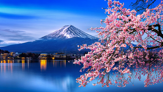 日本春天的富士山和樱花。