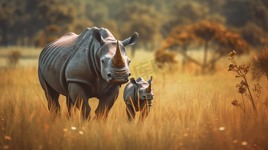 一头犀牛和她的宝宝在草地上