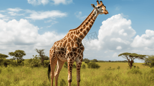 棕色的动物摄影照片_白天站在绿色草地上的棕色和白色长颈鹿