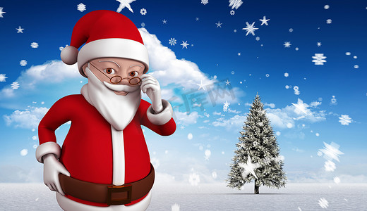 冬天的卡通树摄影照片_可爱卡通圣诞老人的合成形象