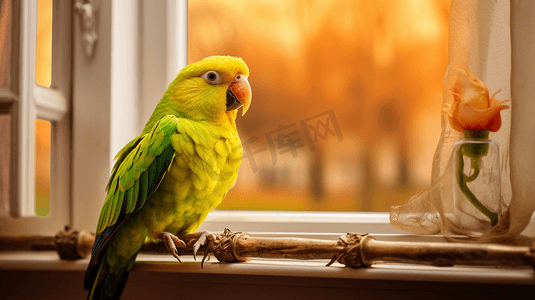 一只黄绿相间的鹦鹉坐在窗台上