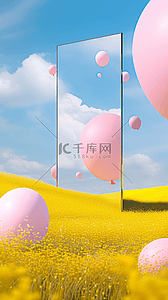 气球立体背景图片_创意风景镜子和气球展台