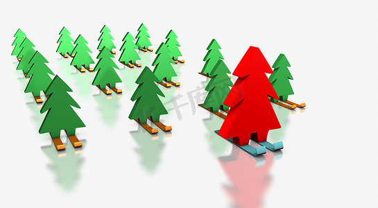 和领队一起滑雪的圣诞树