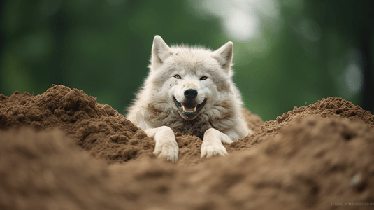 一只白狼躺在一堆泥土上