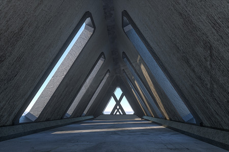 梦幻般的混凝土隧道建筑，三角隧道。 