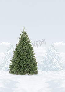 发光的圣诞树摄影照片_白雪覆盖的圣诞树场景