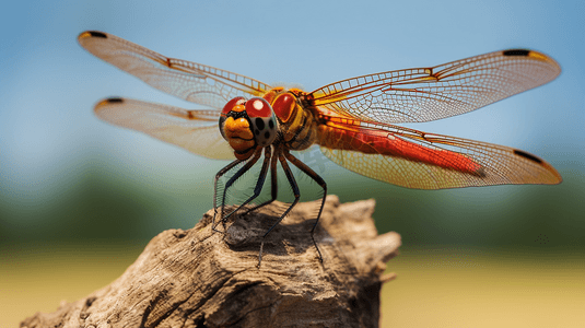 红色和黄色的蜻蜓栖息在棕色的棍子上，在白天进行特写拍摄