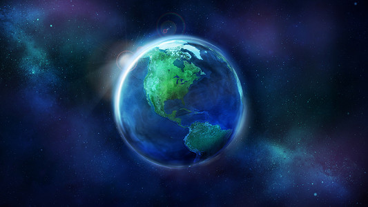 从太空看地球的一天一半，显示北美洲和南美洲。