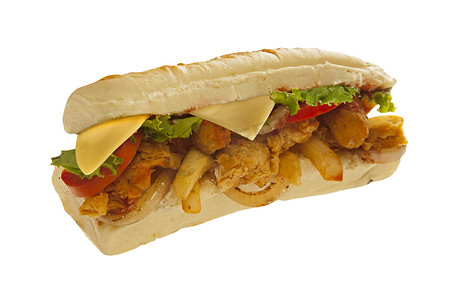 sticks摄影照片_Mighty sub sandwich hoagie with mozarella sticks french fries lo