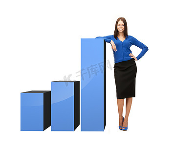 上升数据图表摄影照片_靠在大 3d 图表上的女商人