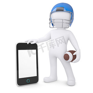 3d 橄榄球头盔的人拿着智能手机
