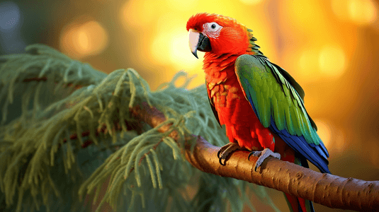 一只红绿相间的鹦鹉坐在树枝上
