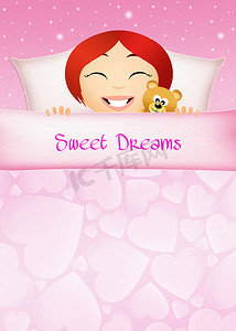 卡通上床睡觉摄影照片_甜蜜的梦